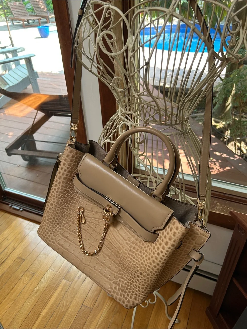 Michael Kors Taupe Croc-Embossed Satchel with Gold Chain